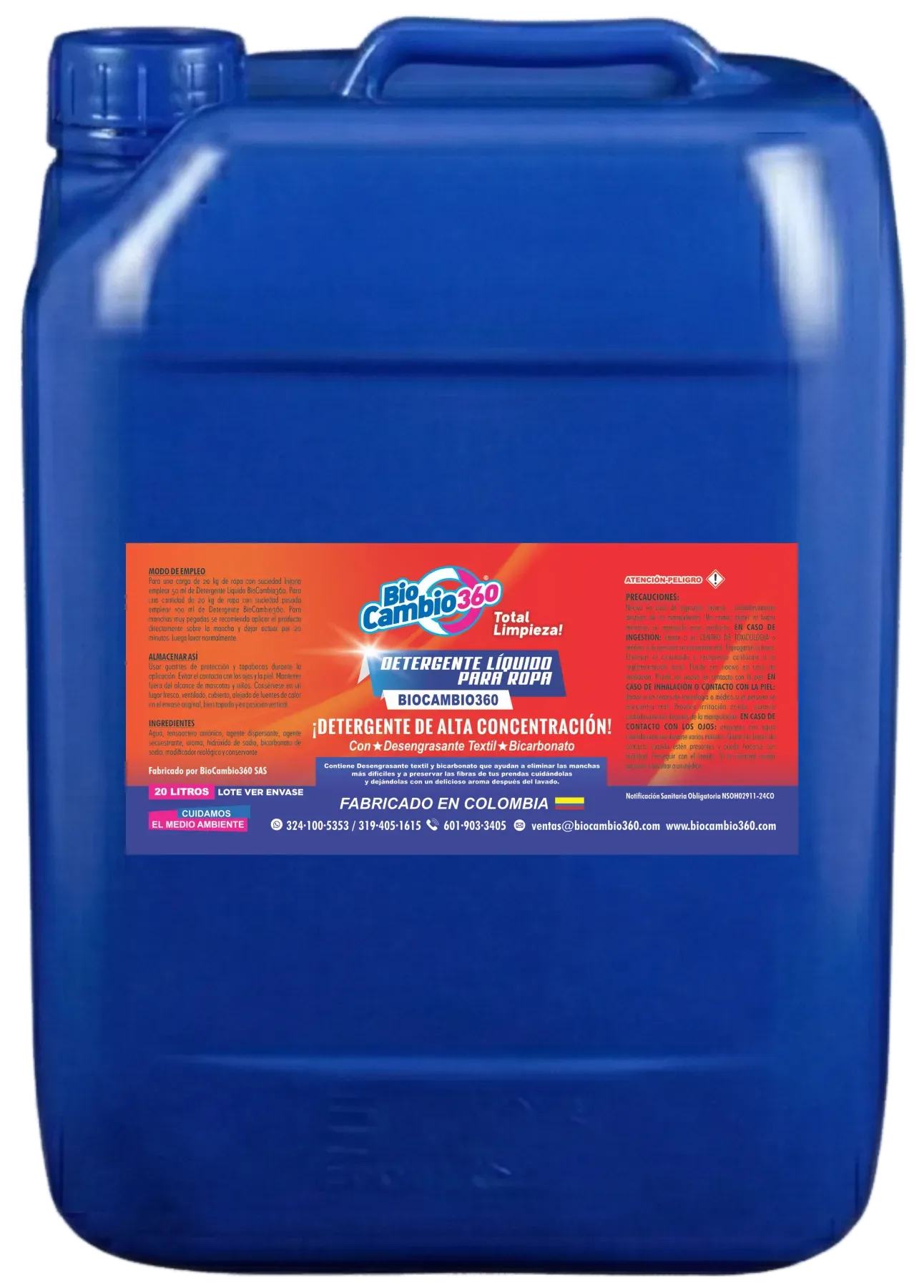 Detergente Líquido para Ropa y Lavadora Biocambio360, pimpina de 20 litros, vista de frente