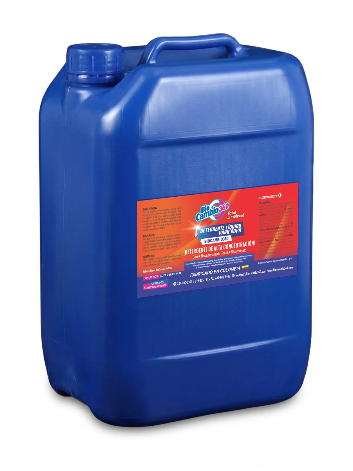 Detergente Líquido para Ropa y Lavadora Biocambio360, pimpina de 20 litros, girado a la izquierda